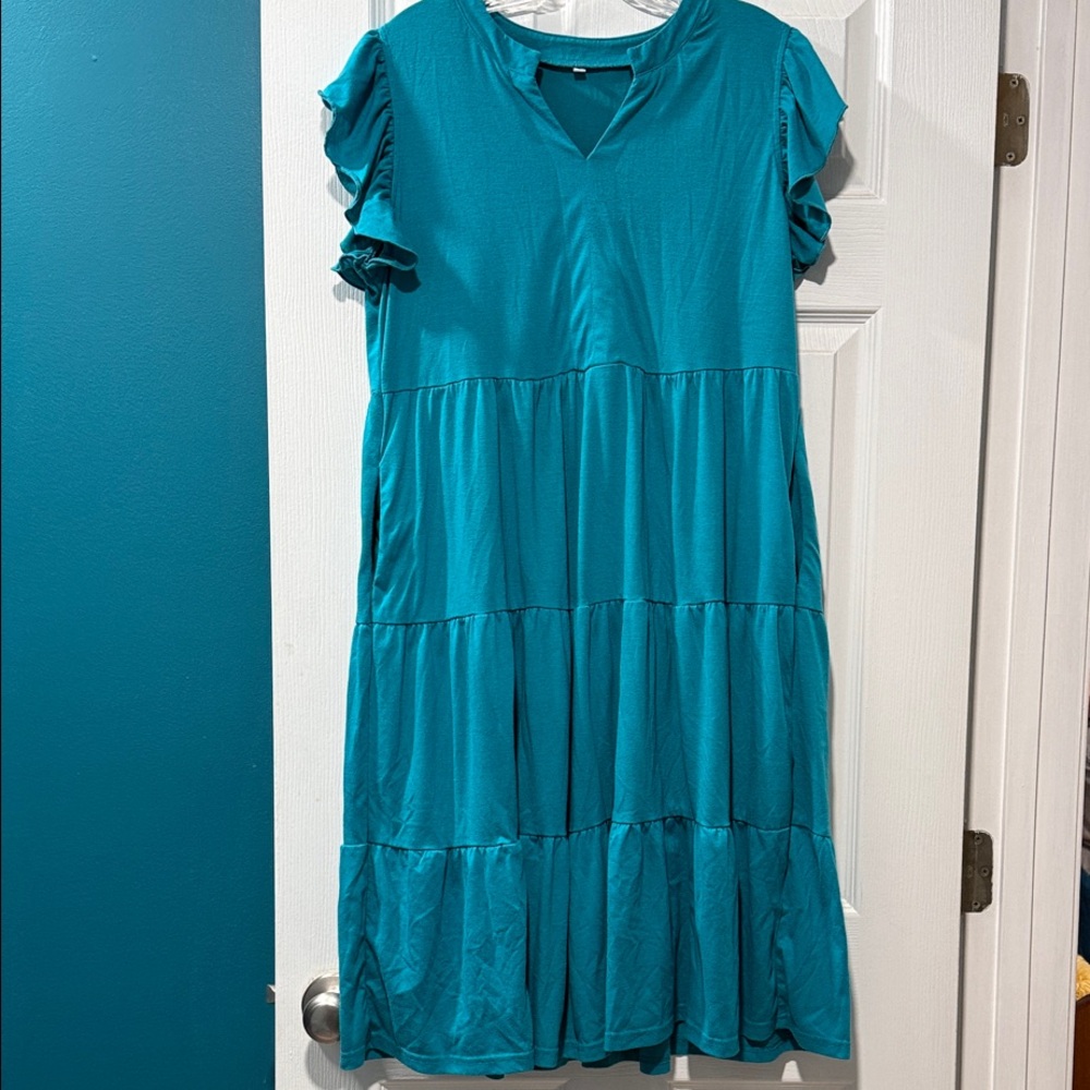 Teal Ruffle Sleeve Dress